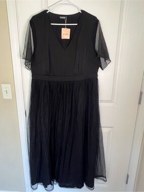 Bloomchic Black V-Neck Flutter Sleeve Tulle Midi Dress US 14-16 A-Line Lined NWT
